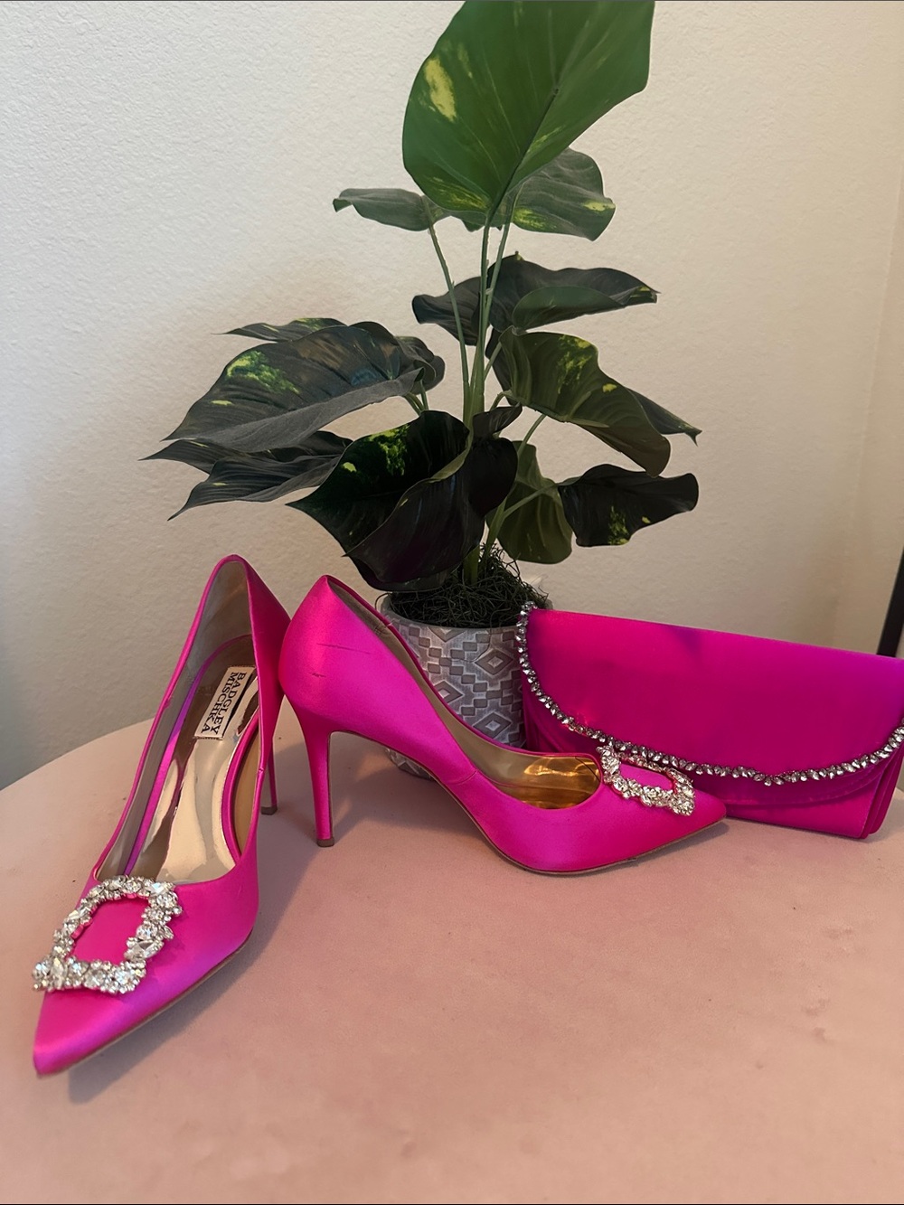 Badgley Mischka Fuchsia Satin Crystal-Buckle Pointed-Toe Pumps